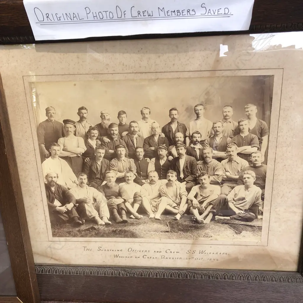4 OLD FRAMED SHIPPING PHOTOS & PRINTS INCL. SURVIVING OFFICERS & CREW SS WAIRARAPA 1894 - LARGEST 380 X 500MM Image 1++