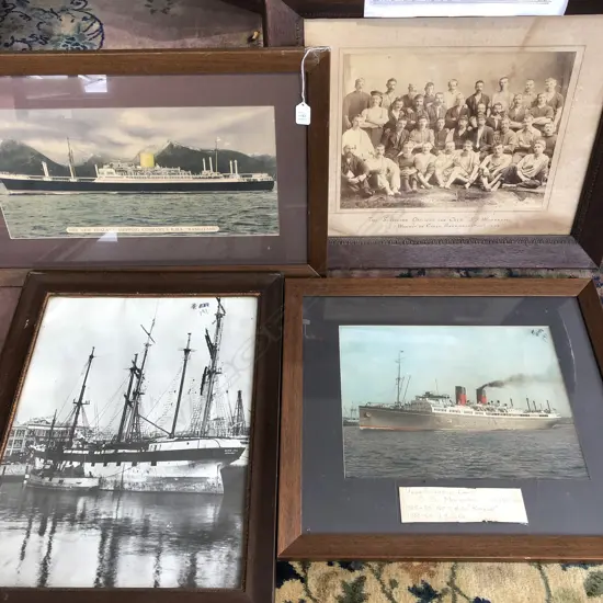 4 OLD FRAMED SHIPPING PHOTOS & PRINTS INCL. SURVIVING OFFICERS & CREW SS WAIRARAPA 1894 - LARGEST 380 X 500MM