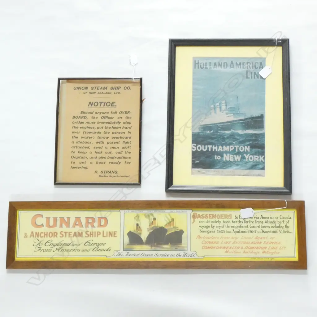 2 FRAMED SHIPS ADVERTISING POSTERS (635 X 135MM) & 1 SHIPS SAFETY NOTICE.  Image 1++