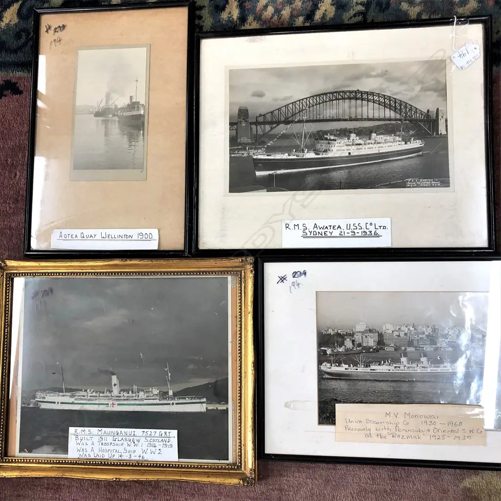4 FRAMED NAUTICAL PHOTOS/PRINTS INC. RMS MANUGANUI & RMS AWATEA SYDNEY HARBOUR 1936 - LARGEST  400X320MM Image 1++