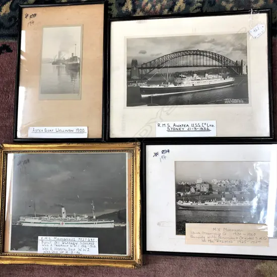 4 FRAMED NAUTICAL PHOTOS/PRINTS INC. RMS MANUGANUI & RMS AWATEA SYDNEY HARBOUR 1936 - LARGEST  400X320MM