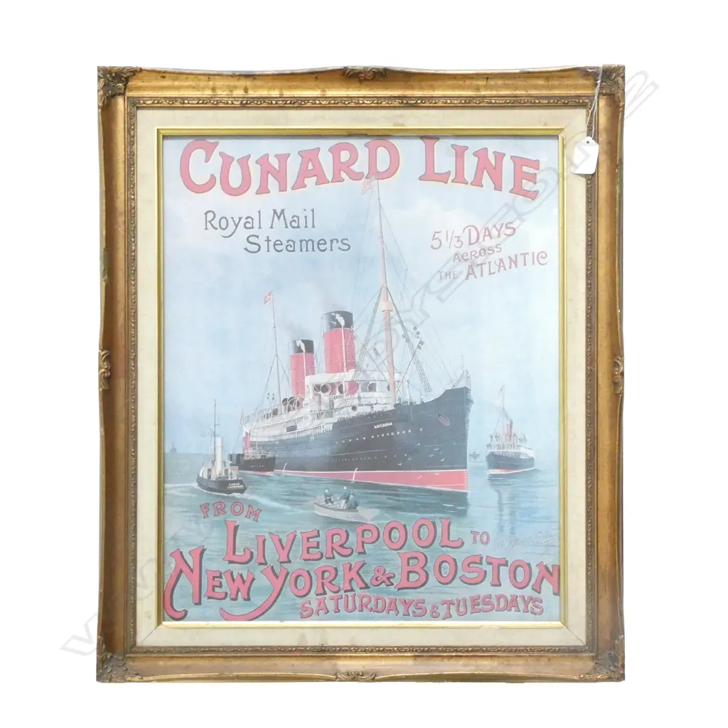 FRAMED ADVERTISING POSTER 'CUNARD LINE - LIVERPOOL TO NEW YORK & BOSTON' 400 X 500MM Image 1++