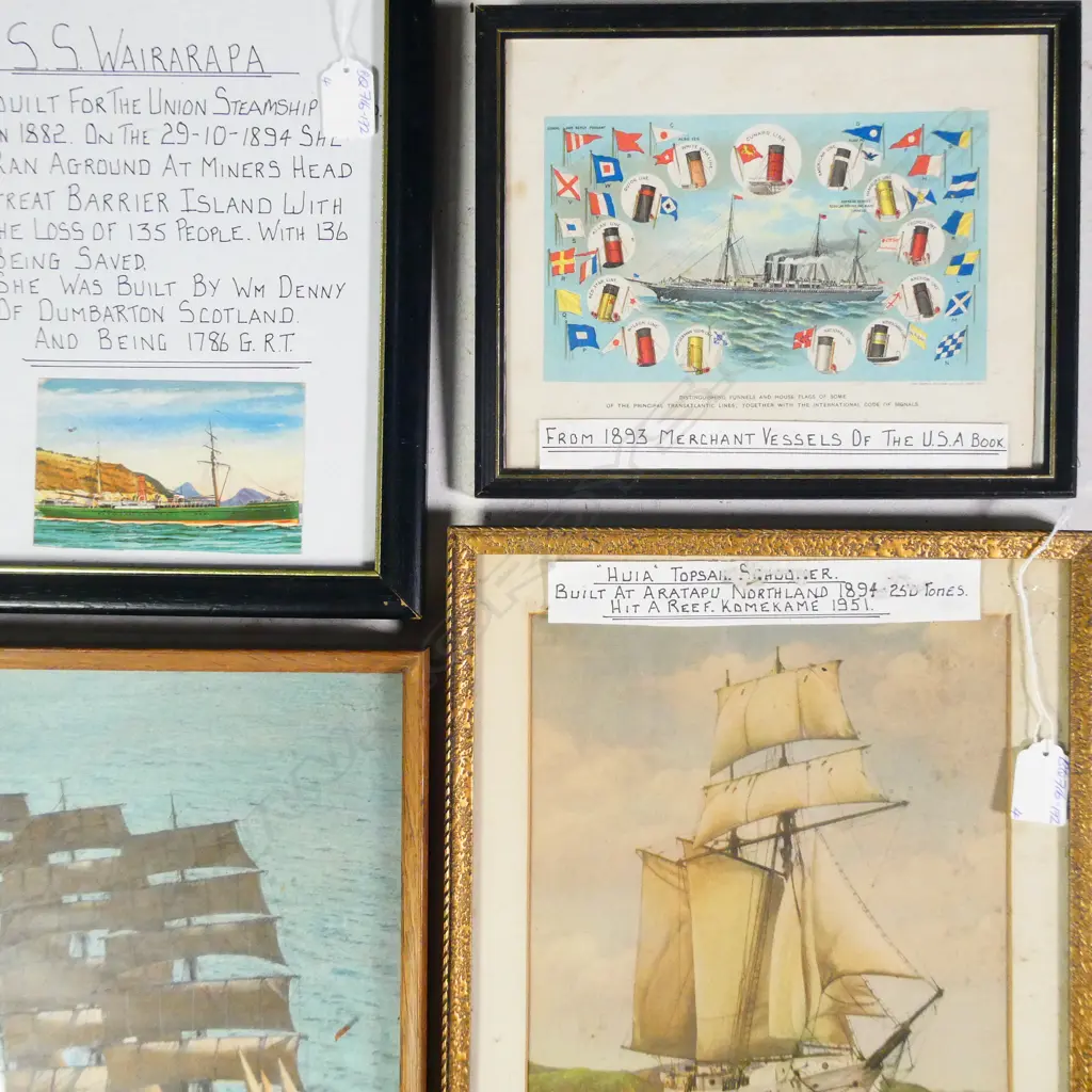 4 FRAMED VINTAGE SHIP PICTURES: S.S. WAIRAPAPA. HUIA ETC Image 1++