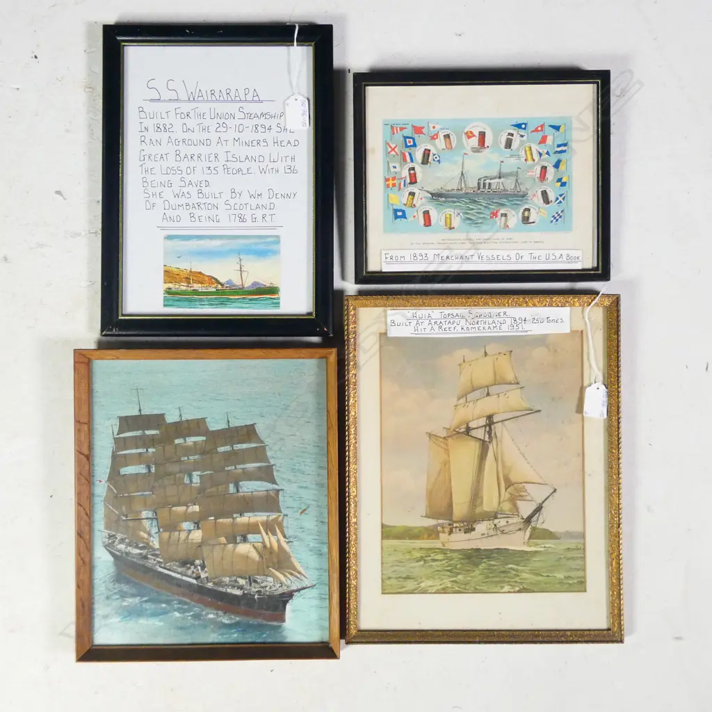 4 FRAMED VINTAGE SHIP PICTURES: S.S. WAIRAPAPA. HUIA ETC Image 1++