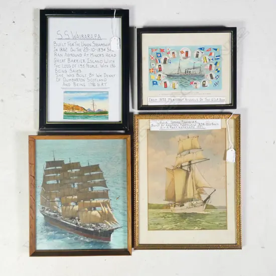 4 FRAMED VINTAGE SHIP PICTURES: S.S. WAIRAPAPA. HUIA ETC