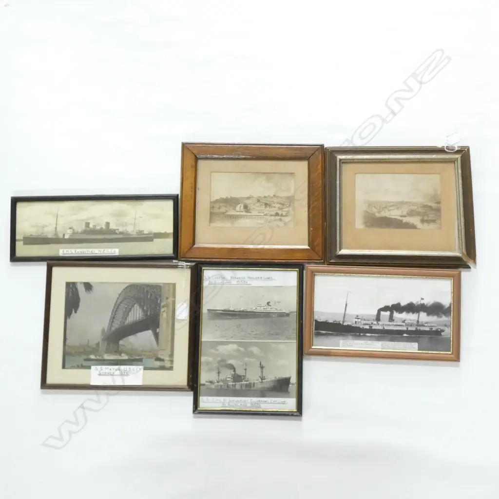 6 OLD FRAMED SHIPPING PHOTOS & PRINTS INCL. SS MATUA 1936. LARGEST 230 X 180MM Image 1++