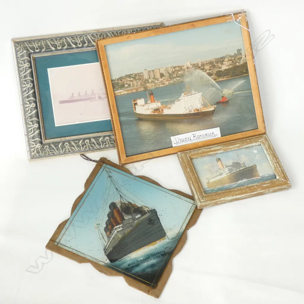 4 OLD FRAMED SHIP PHOTOS / PRINTS; SS CALGARIC/WHITE STAR OLYMPIC/ UNION ROTORUA + 1 OTHER. LARGEST 240 X 190MM Image 1++