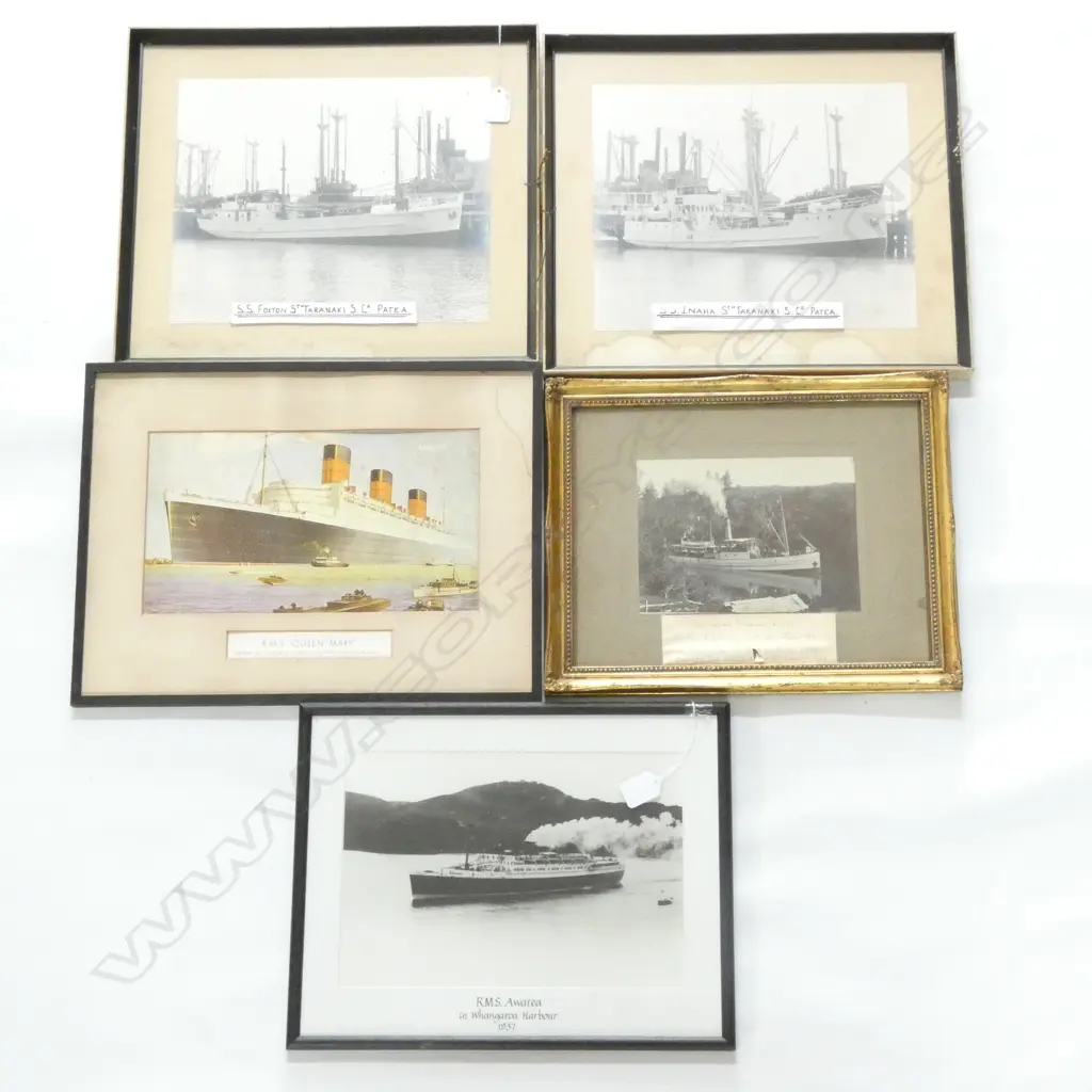 5 OLD FRAMED SHIPPING PHOTOS & PRINTS INCL. RMS AWATEA 1937 - LARGEST 245 X 300MM Image 1++