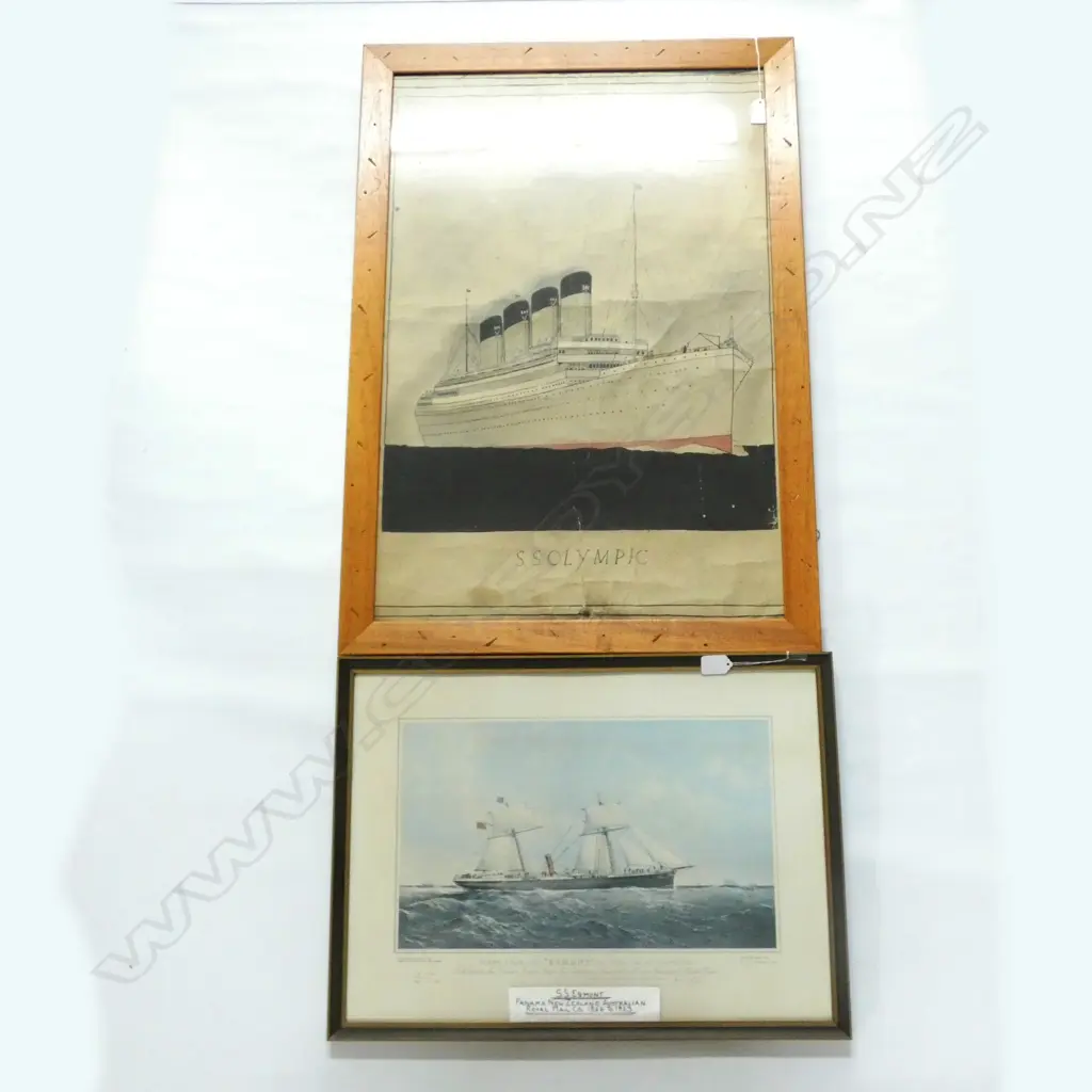 2 OLD FRAMED SHIP PRINT & PAINTING; SS EGMONT & SS OLYMPIC - 490 X 750MM Image 1++
