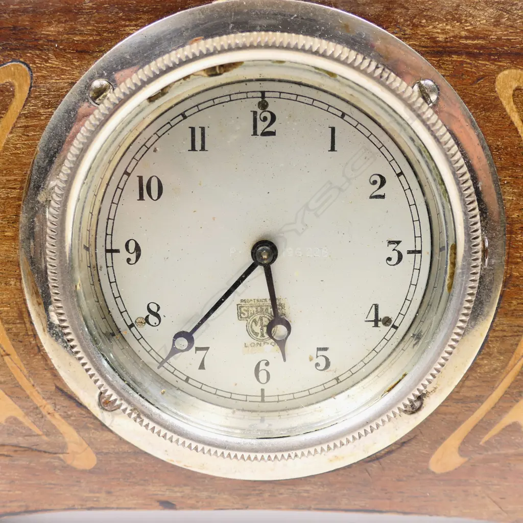 Early 20thC ‘Smiths of London’ car clock in Edwardian inlaid wood clock frame, Image 1++