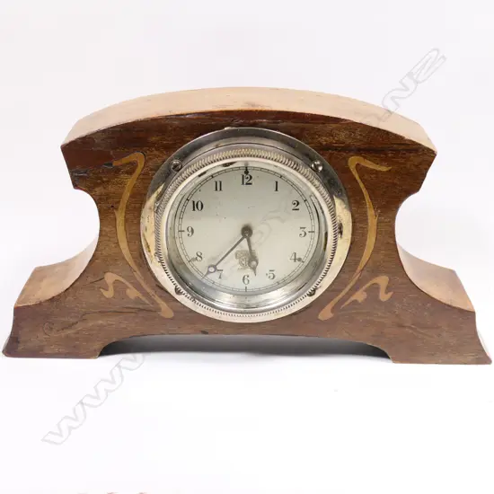 Early 20thC ‘Smiths of London’ car clock in Edwardian inlaid wood clock frame,