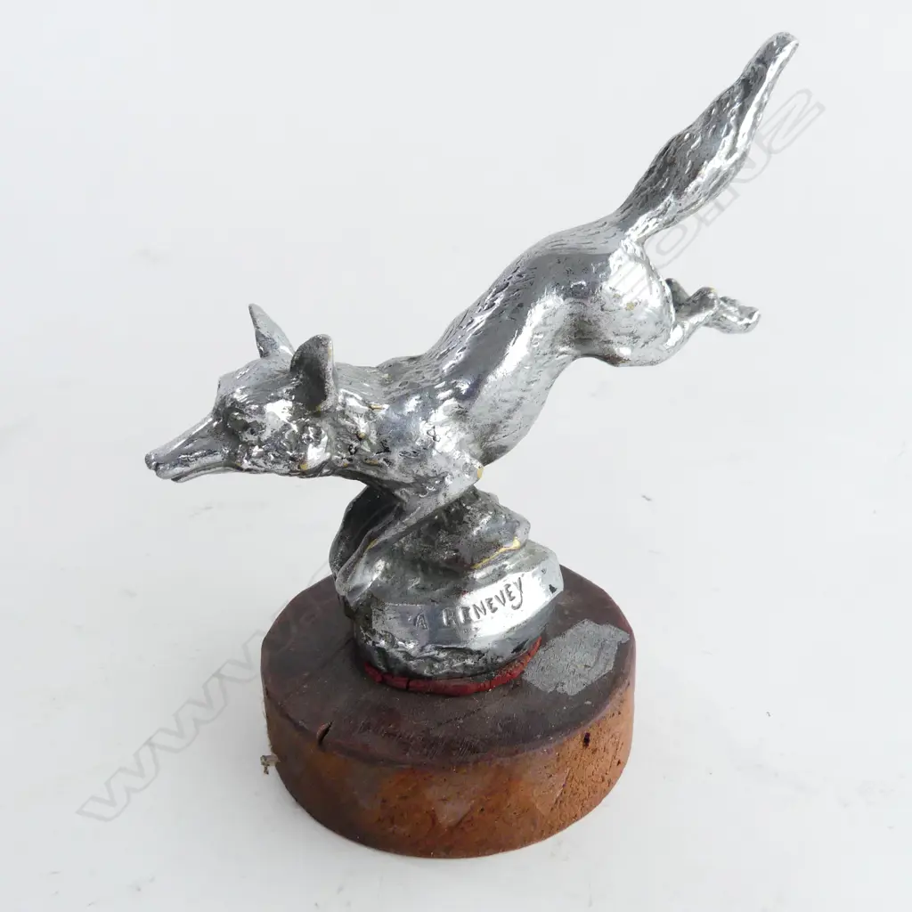Chrome Kenevey leaping fox on wood car mascot, Image 1++