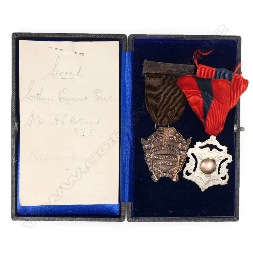 Two early 20th century shooting medals with a medal case marked W.R. Bock Engraver Wellington, Image 1++