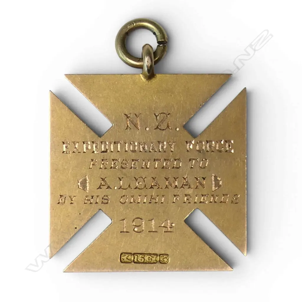 A desirable New Zealand WW1 15ct gold patriotic medallion to Alfred Leaman a farmhand from South Canterbury. 14.6gms. (see previous lot), Image 1++
