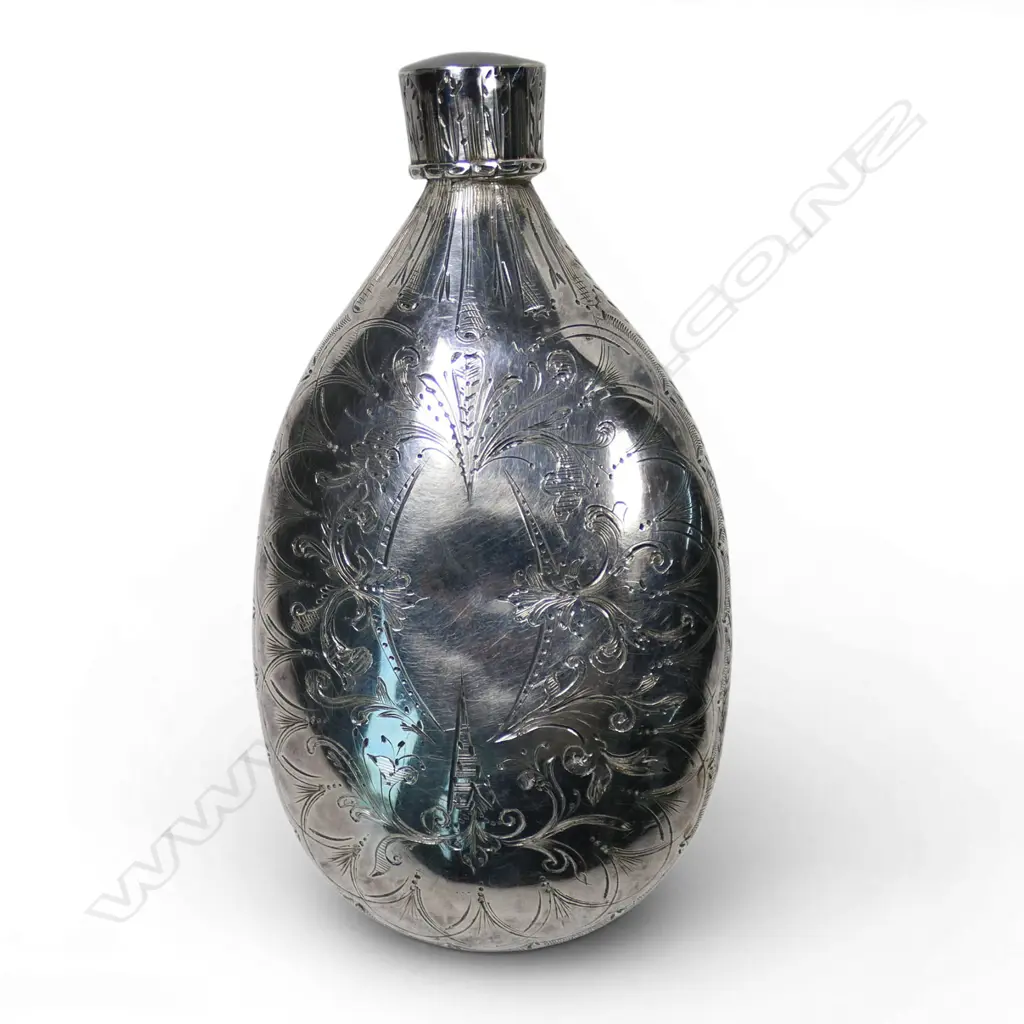 Rare Shooting Match Trophy sterling silver pocket flask by William Augustine Shanly (silversmith) to the short lived Napier Engineer Volunteers inaugural meeting prize winner 83.8gms, Image 1++