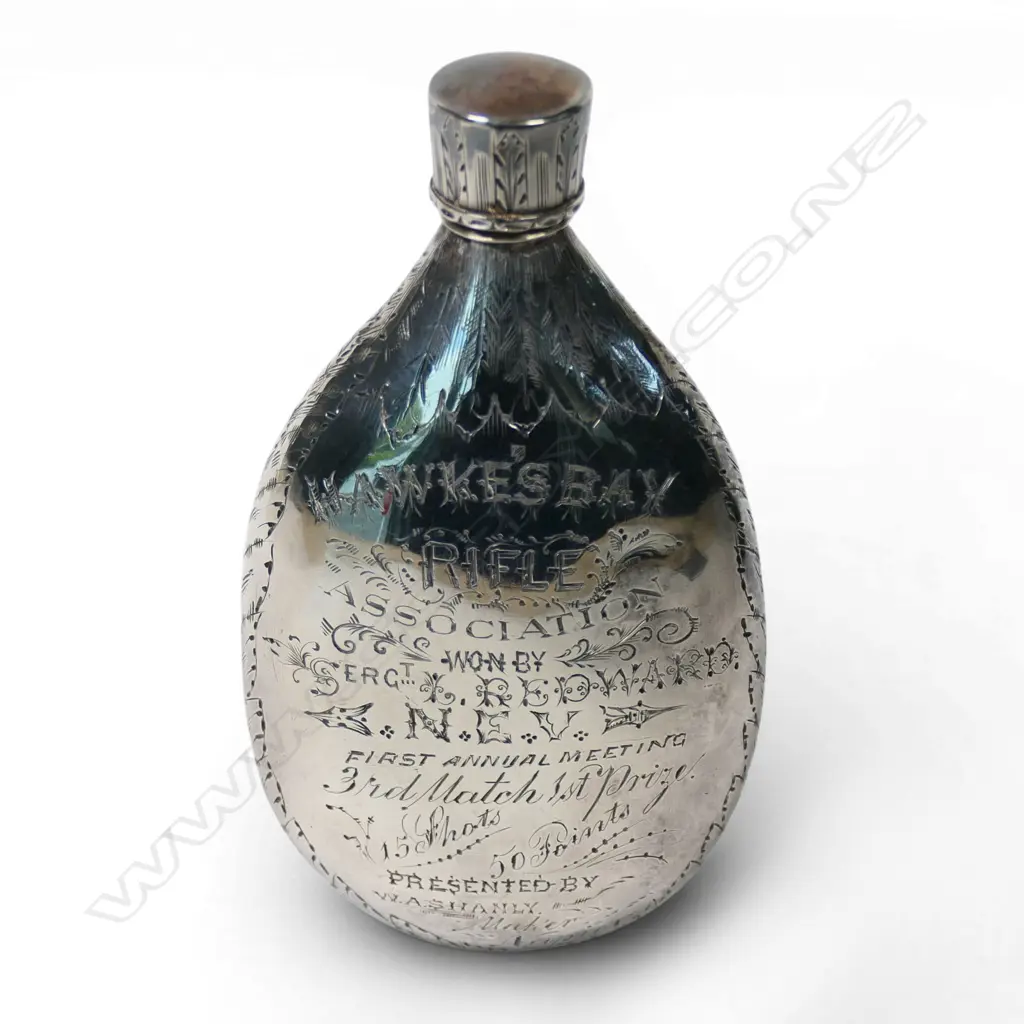 Rare Shooting Match Trophy sterling silver pocket flask by William Augustine Shanly (silversmith) to the short lived Napier Engineer Volunteers inaugural meeting prize winner 83.8gms, Image 1++