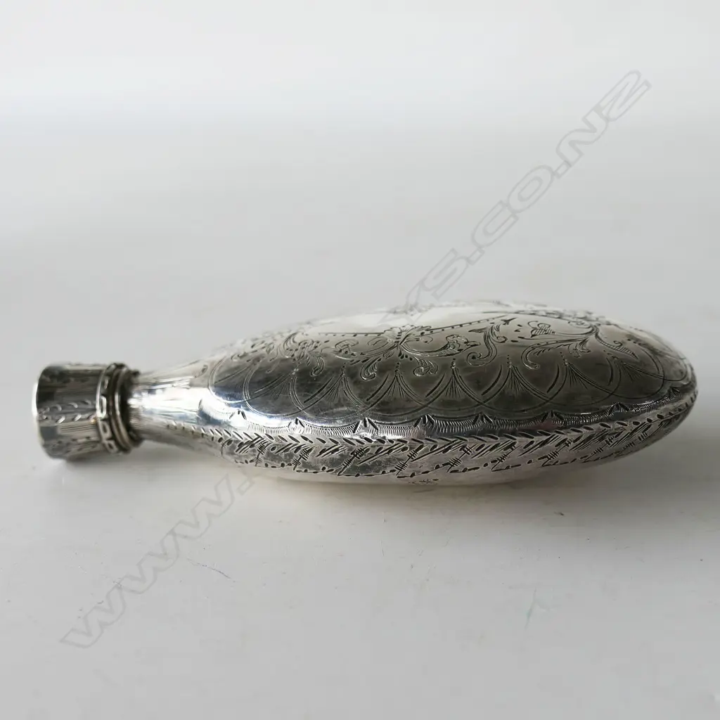 Rare Shooting Match Trophy sterling silver pocket flask by William Augustine Shanly (NZ silversmith) to the short lived Napier Engineer Volunteers inaugural meeting prize winner, Image 1++