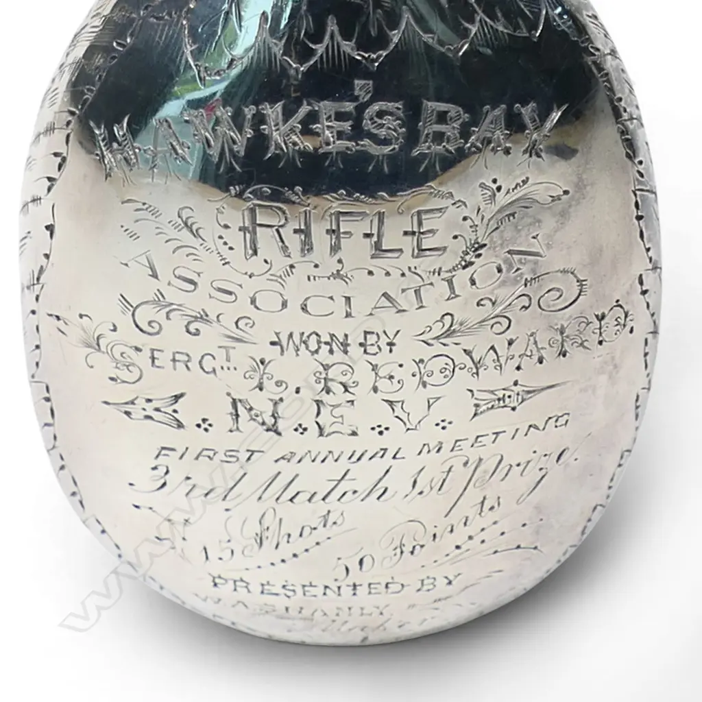 Rare Shooting Match Trophy sterling silver pocket flask by William Augustine Shanly (silversmith) to the short lived Napier Engineer Volunteers inaugural meeting prize winner 83.8gms, Image 1++