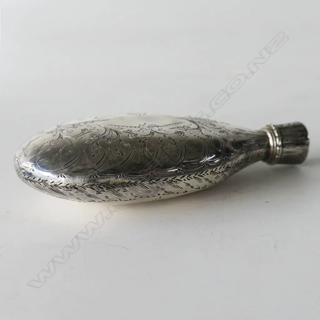 Rare Shooting Match Trophy sterling silver pocket flask by William Augustine Shanly (NZ silversmith) to the short lived Napier Engineer Volunteers inaugural meeting prize winner, Image 1++
