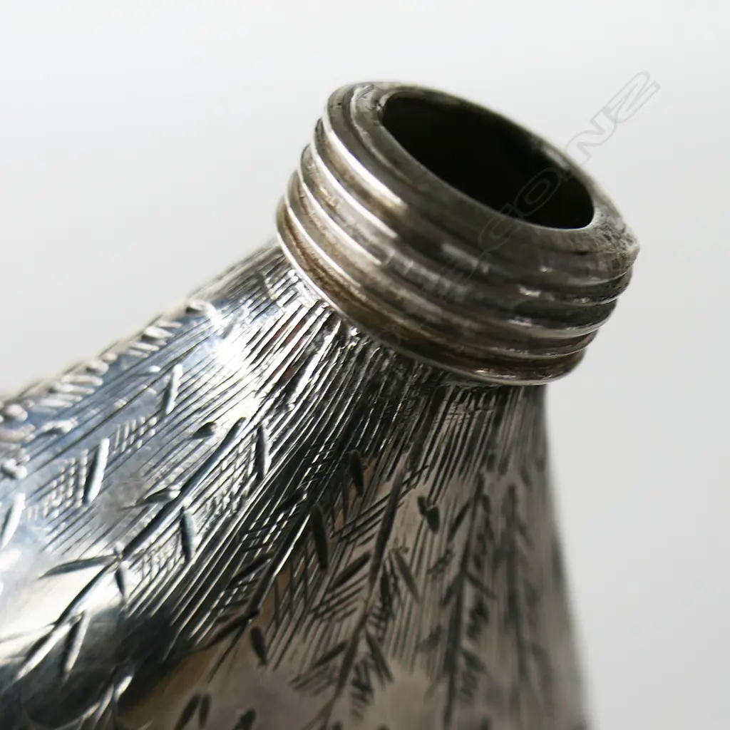 Rare Shooting Match Trophy sterling silver pocket flask by William Augustine Shanly (NZ silversmith) to the short lived Napier Engineer Volunteers inaugural meeting prize winner, Image 1++