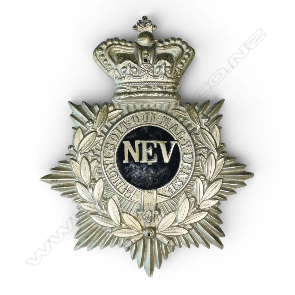 HELMET PLATE (NEV ) QVC, White metal (possibly Napier Engineers Volunteers) see probable link to previous lot, Image 1++