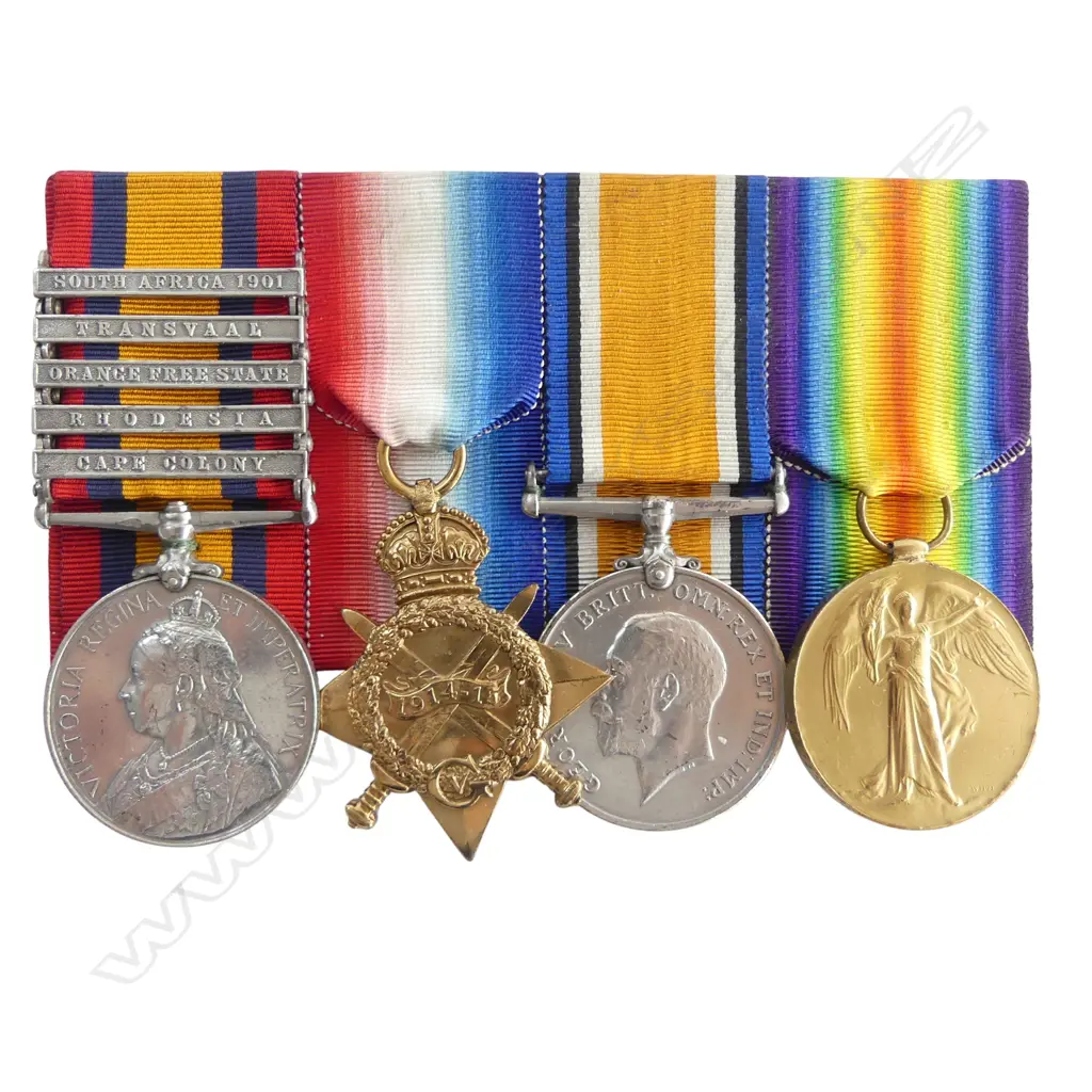 QSA with 5 clasps and WW1 trio to Scottish born J.R. Henderson as part of the Scottish 75th (Sharpshooters) 18th Bn/Rhodesia Field Force - arrived in Beira South Africa on 4th May 1900. Thence to NZ, Image 1++