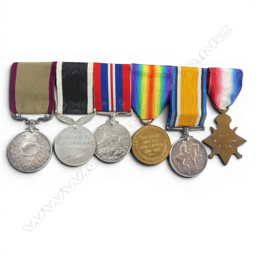WW1/2 group with TSM to Thomas Joseph Banks (19 Feb 1895 -  25 Mar 1970) WW1 2/2357 Gnr. NZ Field Artillery 8th Reinforcements. Egypt; EEF and Western Front. WW2 3/19/239, Image 1++