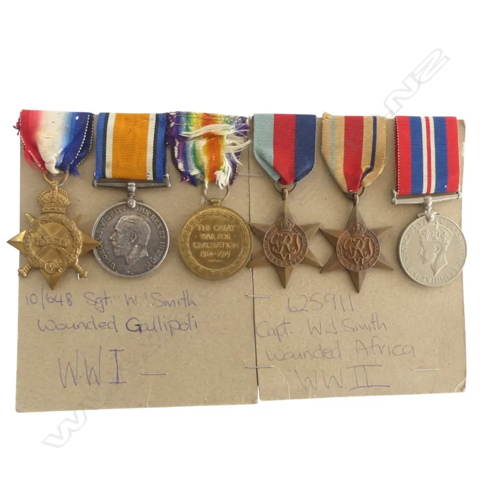 WW1 trio to Sgt. W.J. Smith and three WW2 medals on card attributed to "625911 Capt W.J. Smith WWII", Image 1++