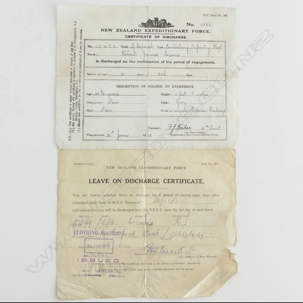 WW1 Pair to a Lyttleton Railways Fireman who served and was wounded in France; along with photos; correspondence and discharge certificates, Image 1++