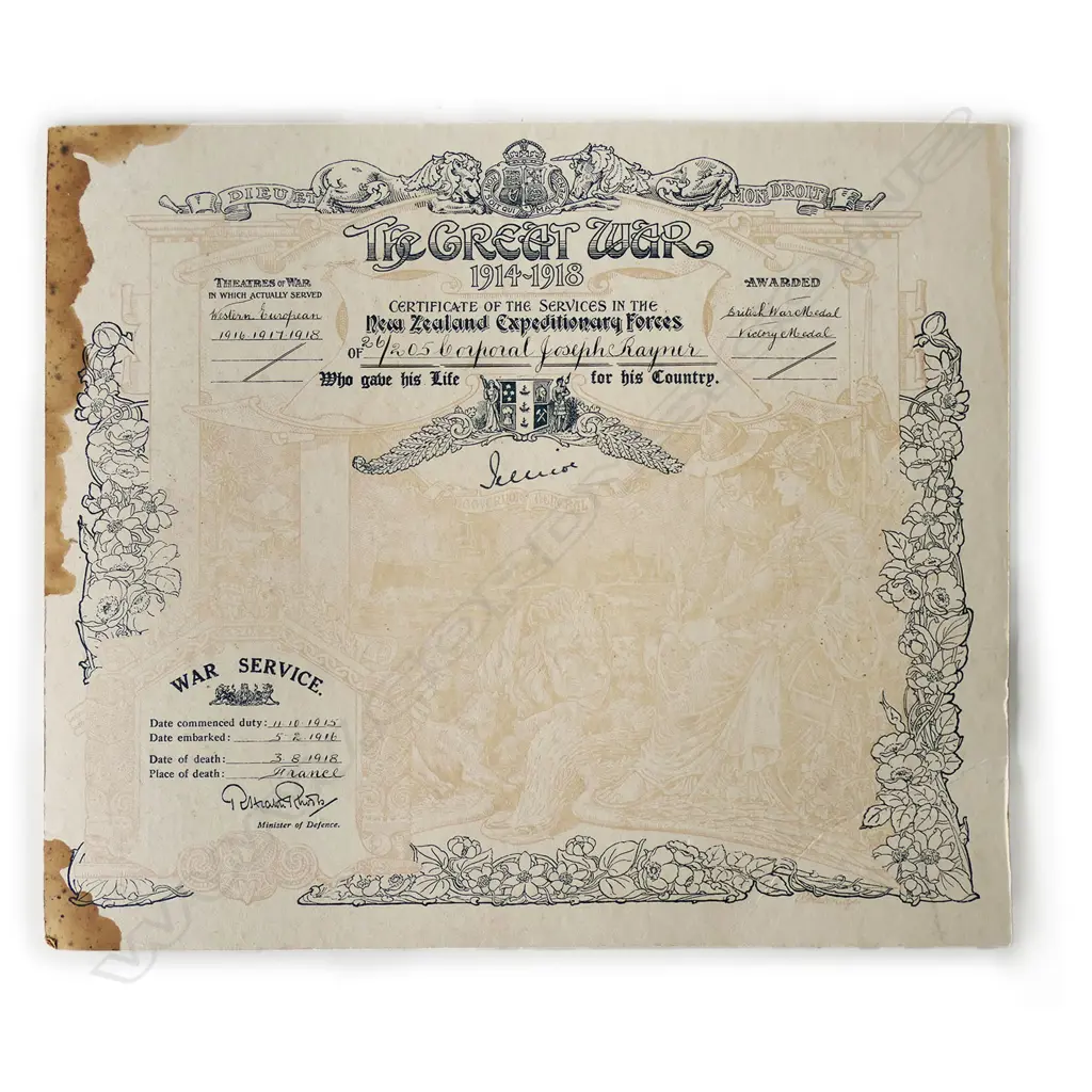 WW1 British War Medal: Victory Medal and Memorial Plaque and Scroll along with NZEF Cert of Service and an Armistice Ribbon to a machine-gunner on the Western Front who was wounded three times - eventually succumbing, Image 1++
