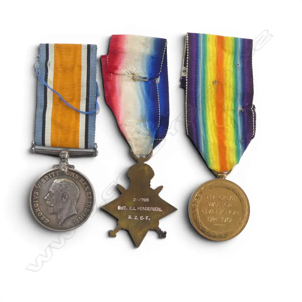 WW1 Trio to Ernest Leslie Henderson ( 16 August 1894 - ) Canterbury. WW1 24/786 NZEF Sgt NZ Rifle Bgde 2/Bn C-Coy, Image 1++