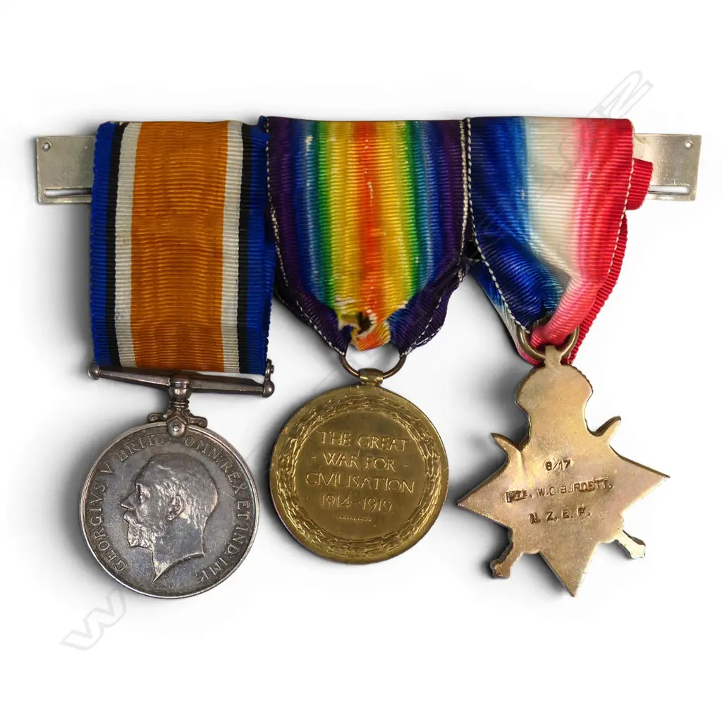WW1 ANZAC Trio to William Clement Burdett (28 May 1886 - 22 Dec 1959) Otago. WW1 8/17  Private Otago Infantry Bn. Main Body. Egypt and Gallipoli (wounded), Image 1++