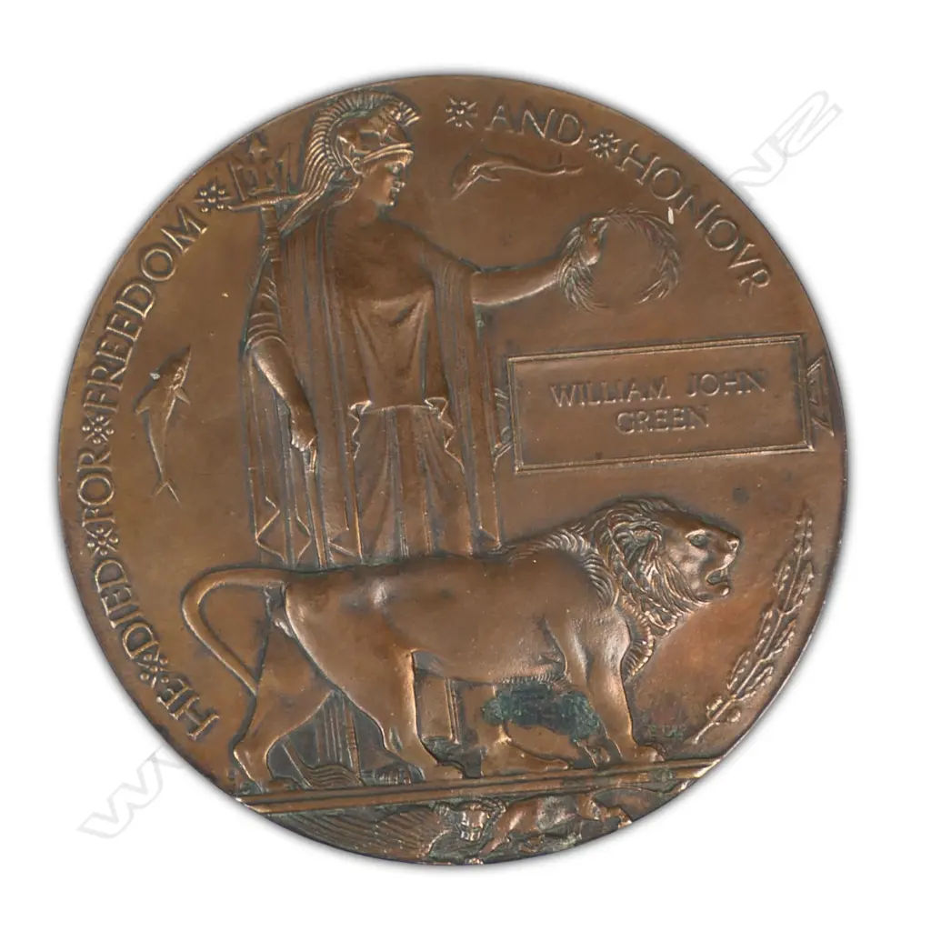 WW1 medals with ID tag and Memorial Plaque to Rifleman William Green who was killed in action at Messines, Image 1++