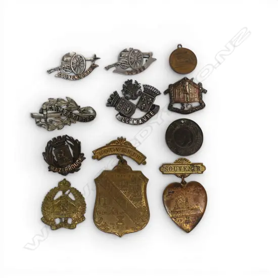 2 x 1908 U.S. NAVAL FLEET SOUVENIR, 5 x FRENCH SOUVENIR BADGES, 2 x PATRIOTIC MEDALS + 2 x 30th REINF