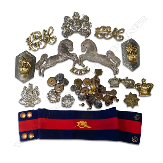 An extensive trove of bullion horse mounts; various insignia; uniform buttons;  helmet and pouch plates and puggaree mostly relating to the Canterbury Yeomanry Cavalry,