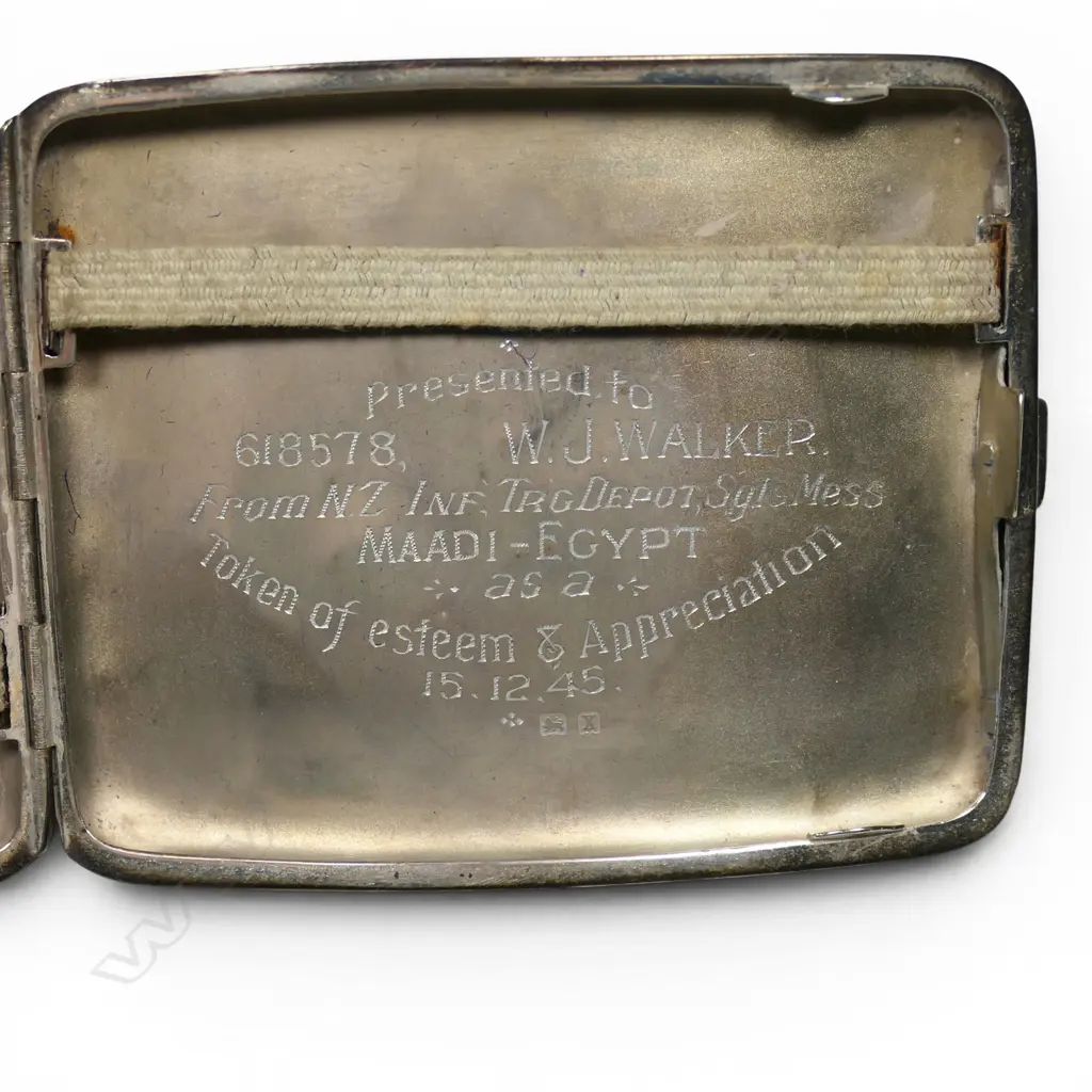 Sterling Silver cigarette case with presentation inscription to "618578 W.J.Walker From NZ inf. try Depot Sgt's Mess Maadi - Egypt ... 15.12.45', Image 1++