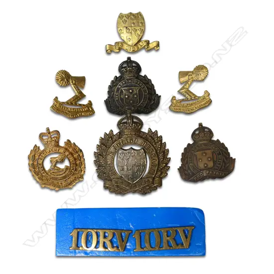 1st O.R.V. brass Shoulder Titles plus 4th Otago Hussars/N.O.R. and 3rd Auckland Regt. Cap and Collar Badges. (12/119 Oldham $300 total)
