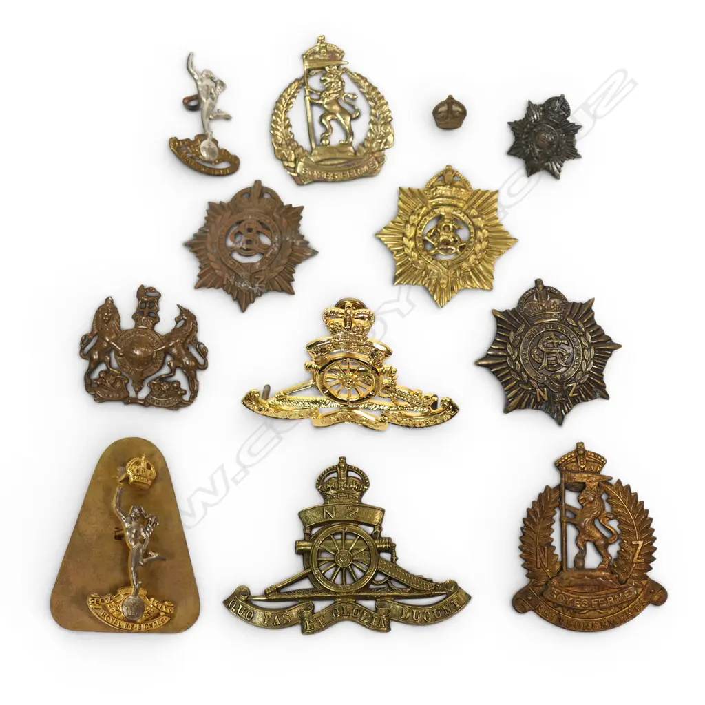 10 VARIOUS NZEF RIFLES, SIGNALER (lemon squeezer mount), ARTY & ASC, W.O.1 CAP/COLLAR BADGES Image 1++