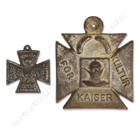 Two WW1 anti-German propaganda 'Iron Crosses' one large and one 'For Swank',