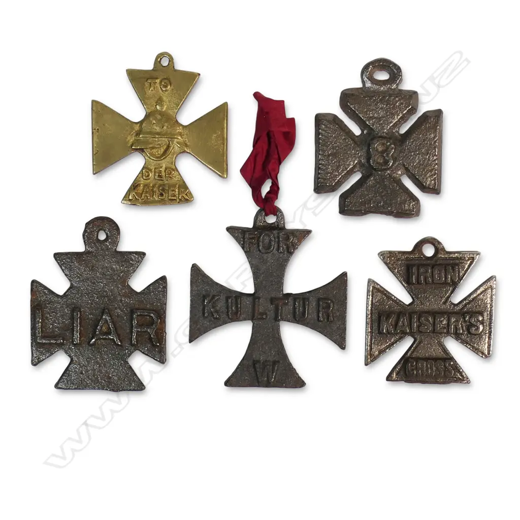 Five WW1 anti-German propaganda medals that exploited the German Army's excesses committed in Belgian and French towns and cities. Variously bearing legends including  'FOR KULTUR' is a scornful pun on 'the Kaiser's claim to be spreading culture'. They were sold to raise funds for the War effort. Image 1++