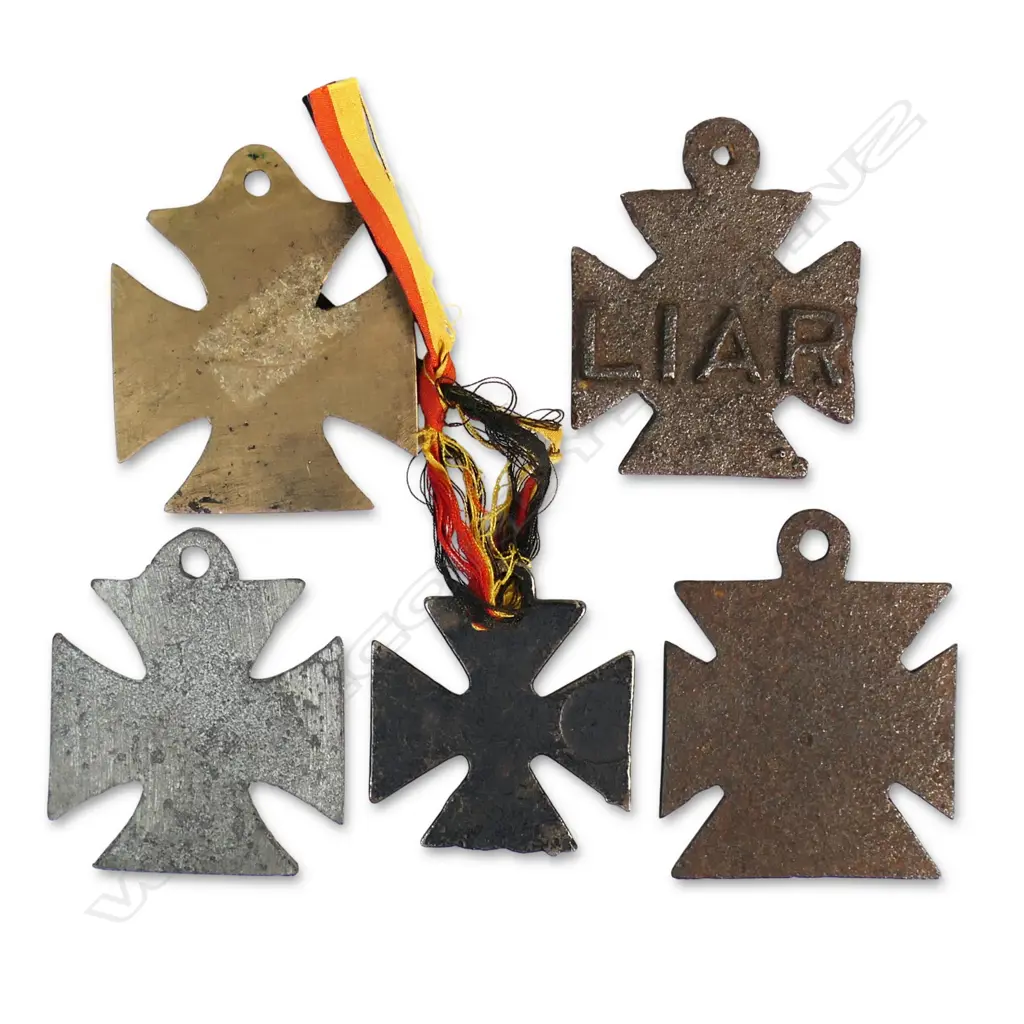 Five WW1 anti-German propaganda medals that exploited the German Army's excesses committed in Belgian and French towns and cities. Variously bearing legends including  'FOR KULTUR' is a scornful pun on 'the Kaiser's claim to be spreading culture'. They were sold to raise funds for the War effort. Image 1++