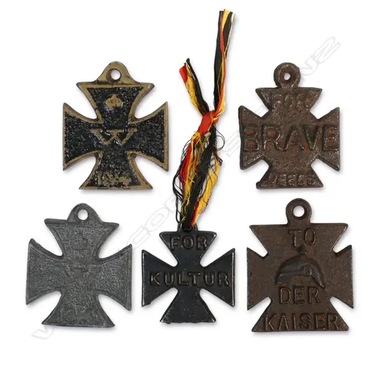Five WW1 anti-German propaganda medals that exploited the German Army's excesses committed in Belgian and French towns and cities. Variously bearing legends including  'FOR KULTUR' is a scornful pun on 'the Kaiser's claim to be spreading culture'. They were sold to raise funds for the War effort.