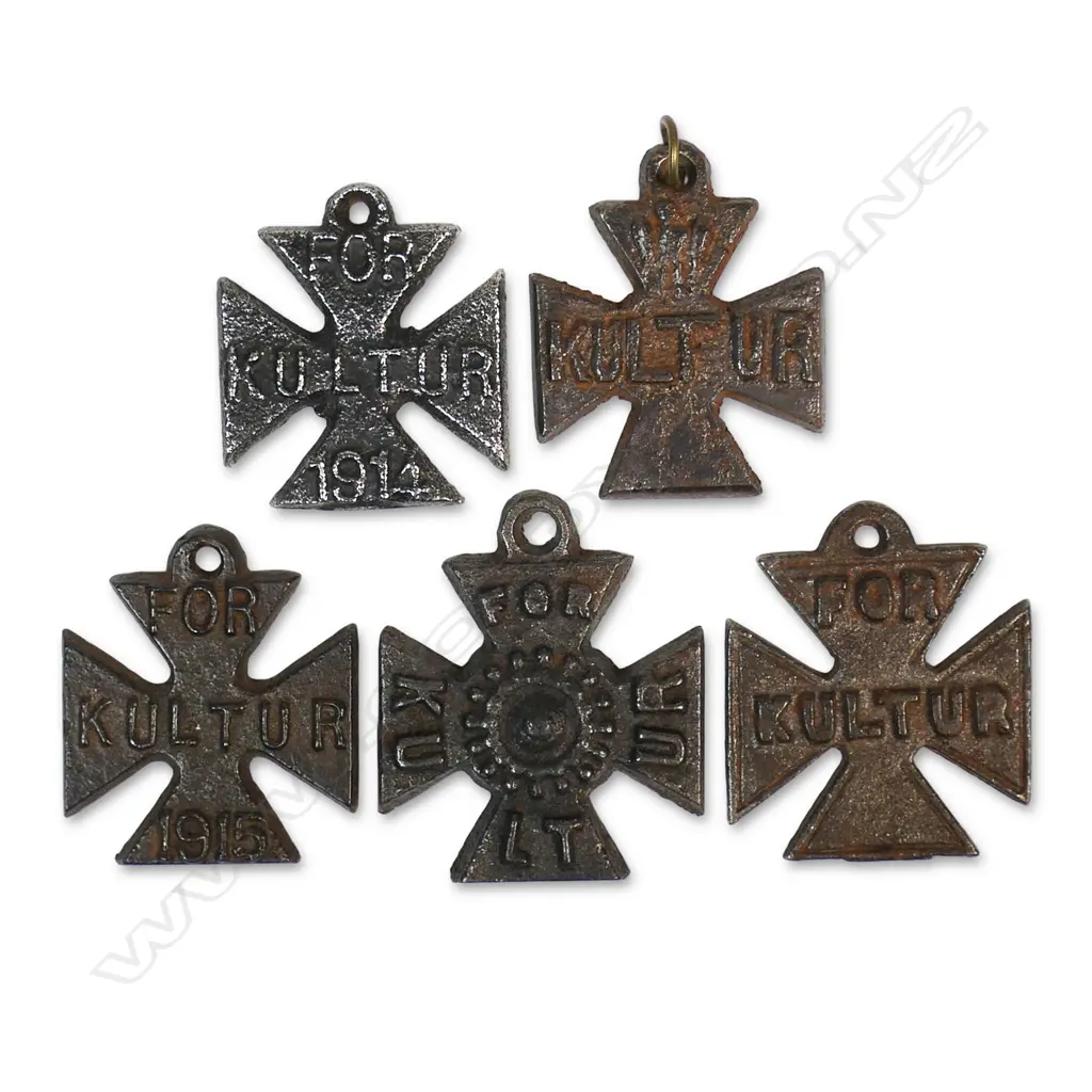 Five WW1 anti-German propaganda medals that exploited the German Army's excesses committed in Belgian and French towns and cities. Variously bearing legends including  'FOR KULTUR' a scornful pun on 'the Kaiser's claim to be spreading culture'. They were sold to raise funds for the War effort. Image 1++