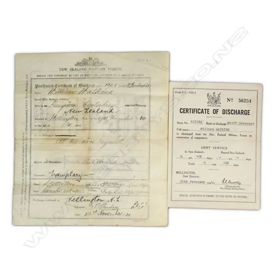 TWO DISCHARGE CERTS TO WILLIAM WATKINS WWI & WWII