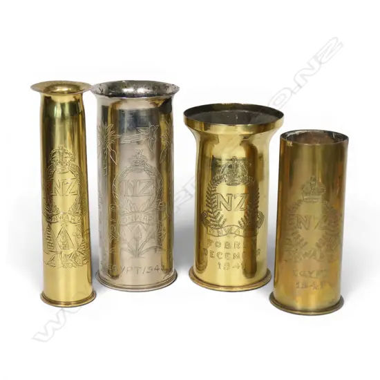 Four NZ engraved WWII brass shell case vases,