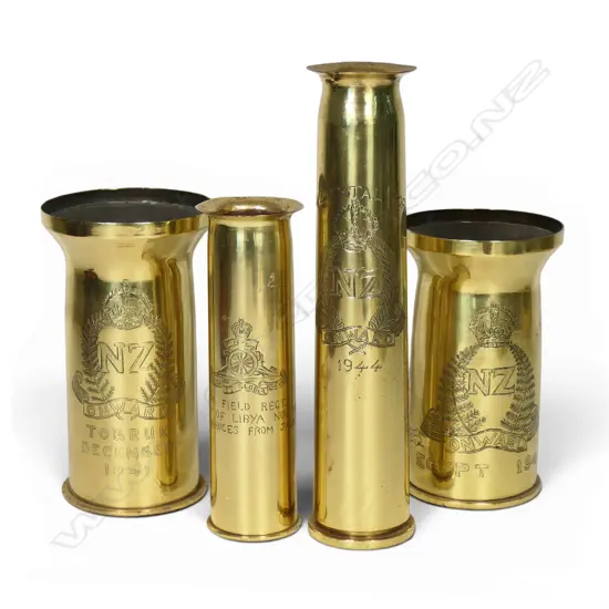 Four NZ engraved WWII brass shell case vases,