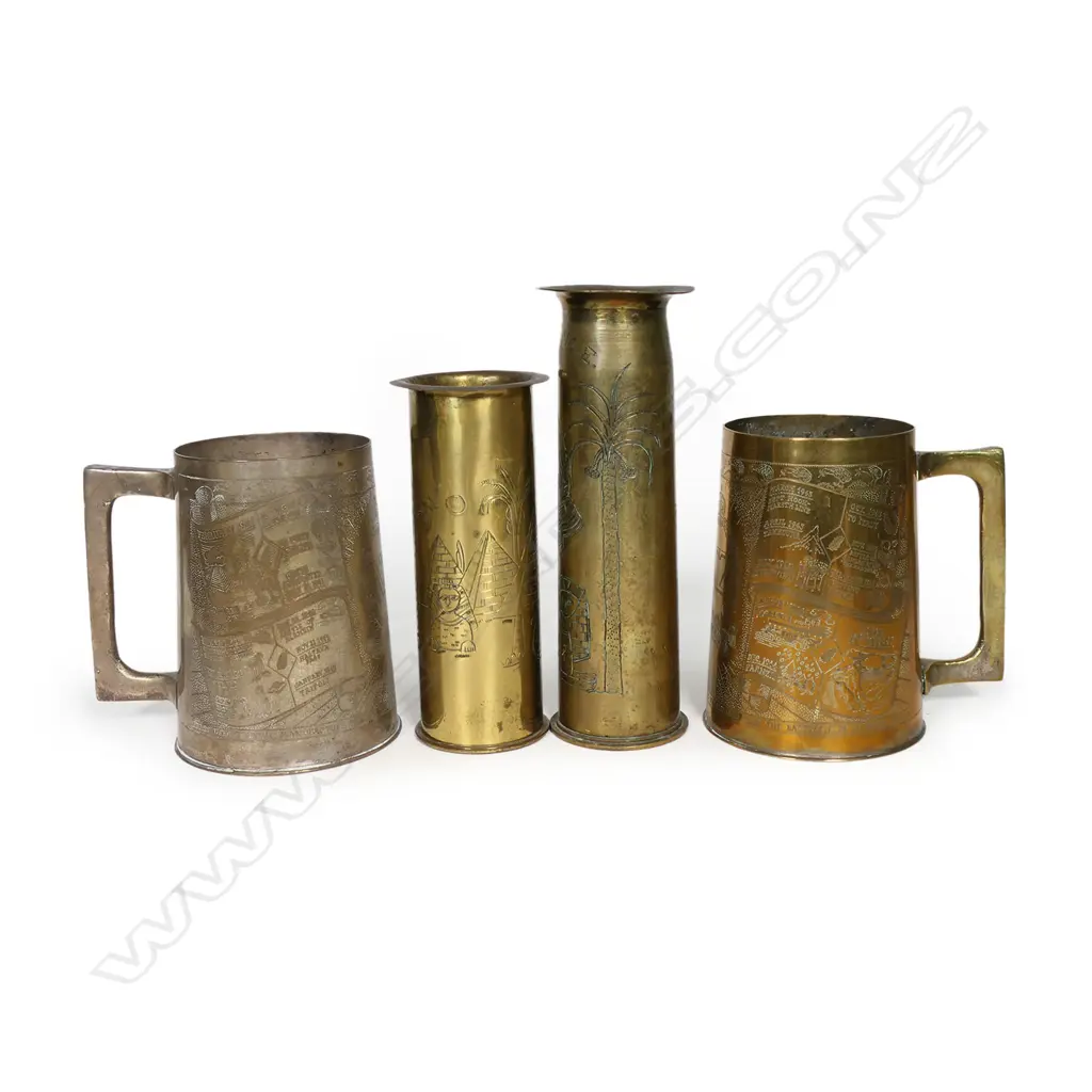 Four NZ engraved WWII brass shell case items, Image 1++