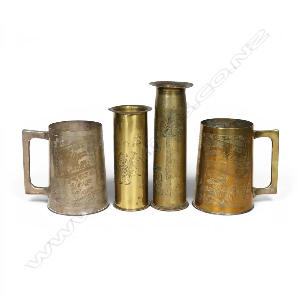 Four NZ engraved WWII brass shell case items, Image 1++