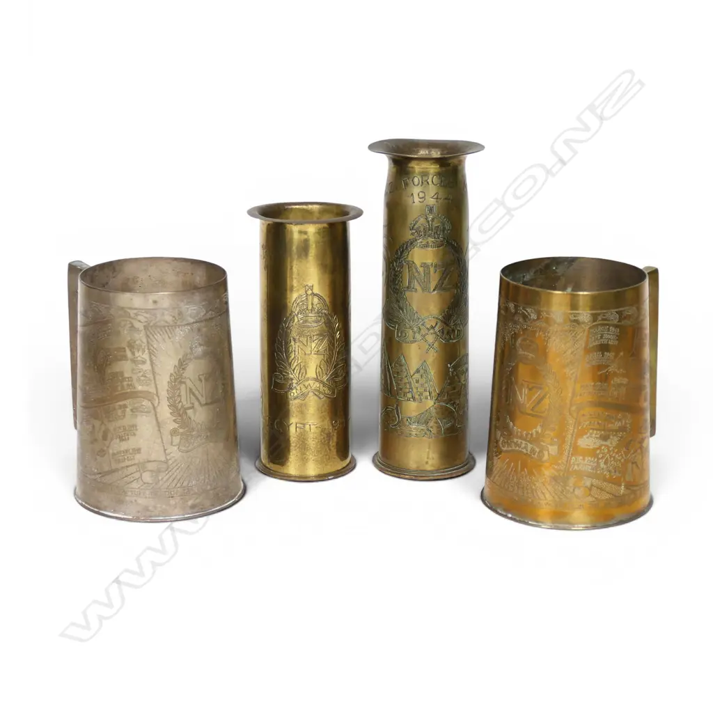Four NZ engraved WWII brass shell case items, Image 1++