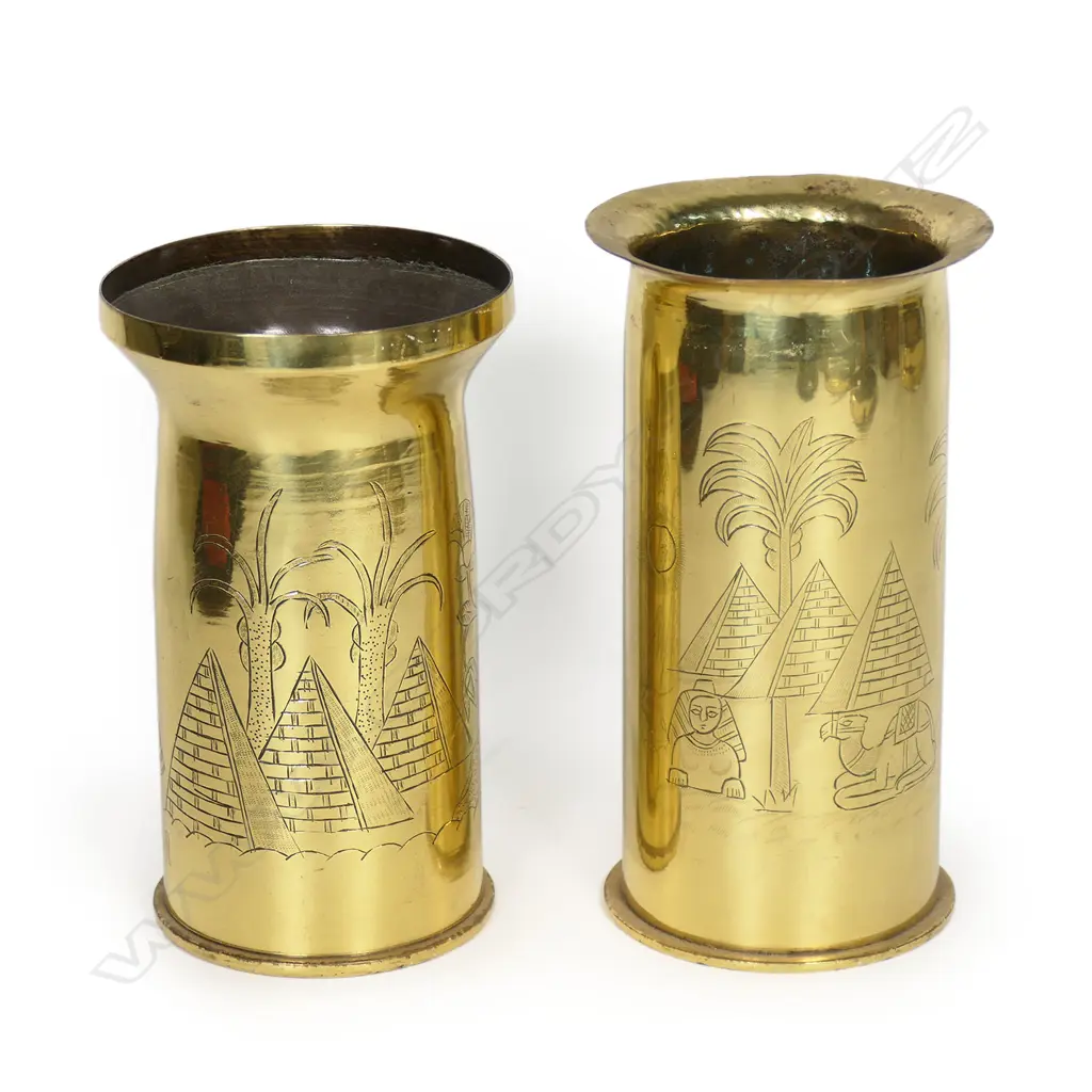 Two NZ engraved WWII brass shell case vases, Image 1++